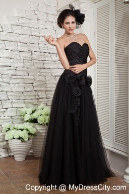 Hand Made Flower Decorate Black Long Tulle Skirt Pageant Dress