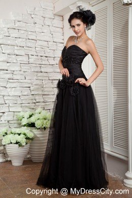 Hand Made Flower Decorate Black Long Tulle Skirt Pageant Dress