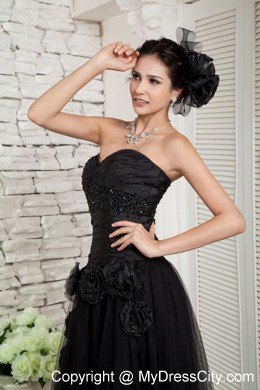 Hand Made Flower Decorate Black Long Tulle Skirt Pageant Dress