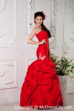 Red Organza Puffy Mermaid Skirt and Ruched Bodice Pageant Dress