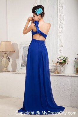 Modest Royal Blue A-line / Princess Prom Dress One Shoulder Chiffon Beading and Bow Brush Train