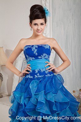 Strapless Blue Organza Prom Pageant Dress with Ruffled Layer