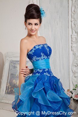 Strapless Blue Organza Prom Pageant Dress with Ruffled Layer