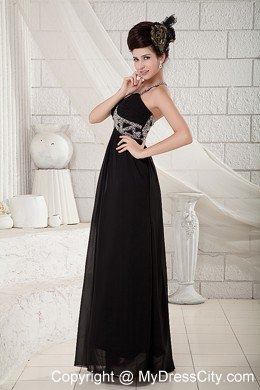Floor-length Black Chiffon Beaded Pageant Dress with straps