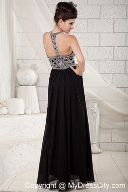 Floor-length Black Chiffon Beaded Pageant Dress with straps