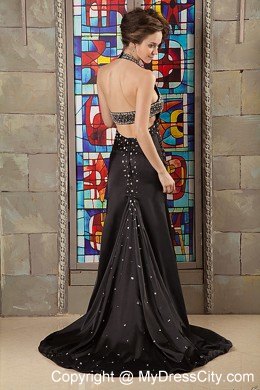Black Beaded Taffeta Pageant Dress with Plunging Neckline