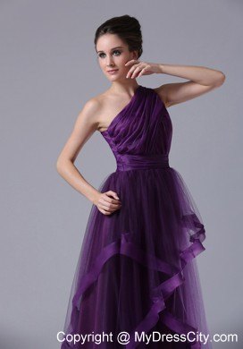 One Shoulder Tulle Ruched Prom Pageant Dress in Purple