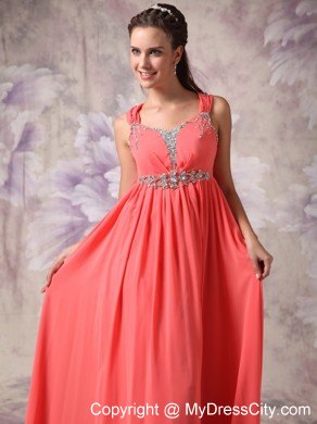 Watermelon Red Chiffon Beaded Pageant Dress with Straps