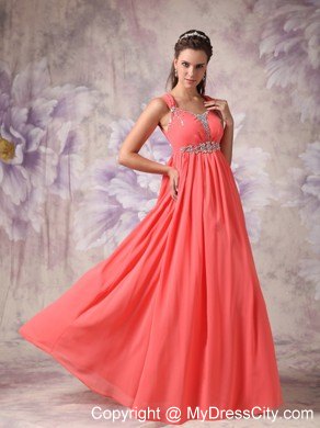 Watermelon Red Chiffon Beaded Pageant Dress with Straps