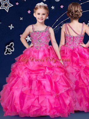 Discount Floor Length Ball Gowns Sleeveless Hot Pink Kids Pageant Dress Zipper