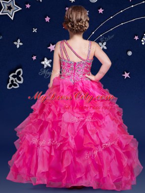 Discount Floor Length Ball Gowns Sleeveless Hot Pink Kids Pageant Dress Zipper