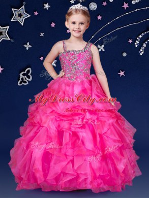 Discount Floor Length Ball Gowns Sleeveless Hot Pink Kids Pageant Dress Zipper