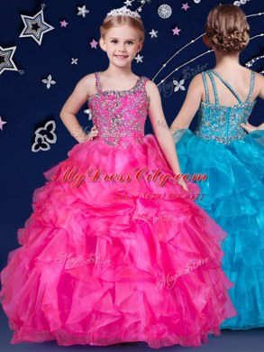 Discount Floor Length Ball Gowns Sleeveless Hot Pink Kids Pageant Dress Zipper