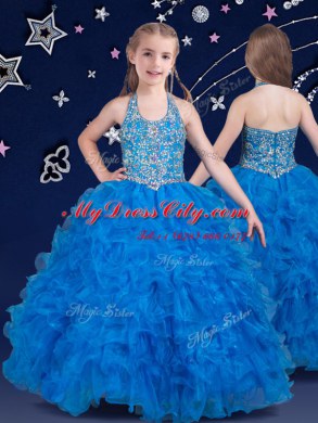 Halter Top Sleeveless Glitz Pageant Dress Floor Length Beading and Ruffles Baby Blue Organza