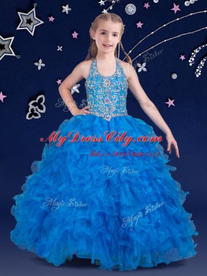 Halter Top Sleeveless Glitz Pageant Dress Floor Length Beading and Ruffles Baby Blue Organza