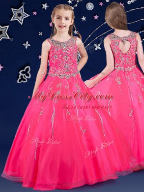 Hot Pink A-line Scoop Sleeveless Organza Floor Length Zipper Beading Pageant Dress for Teens