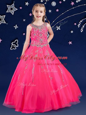 Hot Pink A-line Scoop Sleeveless Organza Floor Length Zipper Beading Pageant Dress for Teens