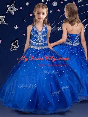 Halter Top Floor Length Ball Gowns Sleeveless Royal Blue Pageant Dress Womens Lace Up