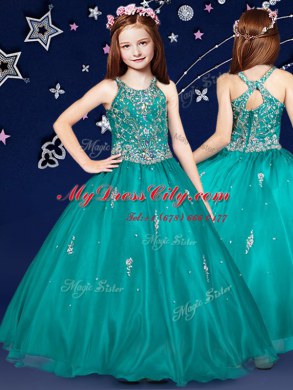 Nice Scoop Teal Ball Gowns Beading Custom Made Zipper Organza Sleeveless Floor Length