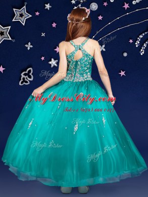 Nice Scoop Teal Ball Gowns Beading Custom Made Zipper Organza Sleeveless Floor Length