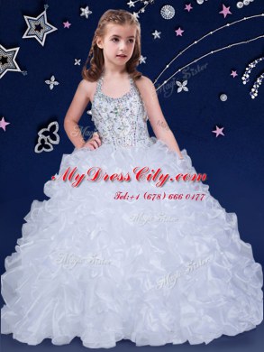 Halter Top Sleeveless Lace Up Pageant Dress for Girls White Organza