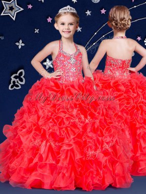 Halter Top Coral Red Sleeveless Beading and Ruffles Floor Length Juniors Party Dress