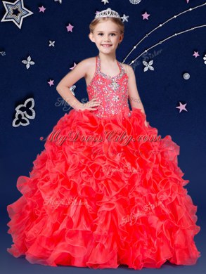 Halter Top Coral Red Sleeveless Beading and Ruffles Floor Length Juniors Party Dress