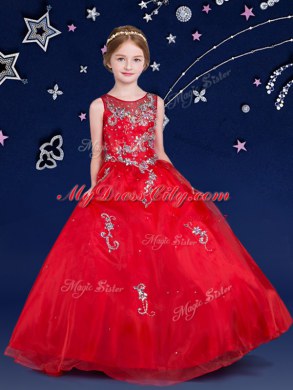 Customized Scoop Red Organza Zipper Child Pageant Dress Sleeveless Floor Length Beading and Appliques