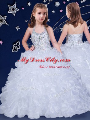 Halter Top Sleeveless Lace Up High School Pageant Dress White and Coral Red and Blue Organza