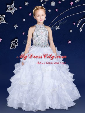 Halter Top White Sleeveless Organza Zipper Little Girls Pageant Gowns for Quinceanera and Wedding Party