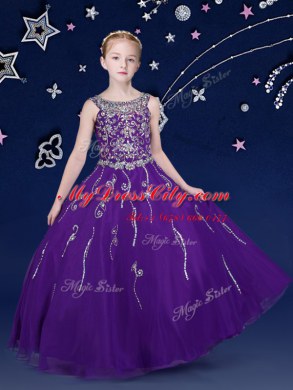 Charming Scoop Purple Sleeveless Beading Floor Length Pageant Dress Toddler