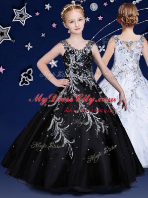 Attractive Scoop Sleeveless Zipper Party Dress for Toddlers Black Organza