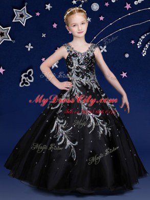 Attractive Scoop Sleeveless Zipper Party Dress for Toddlers Black Organza