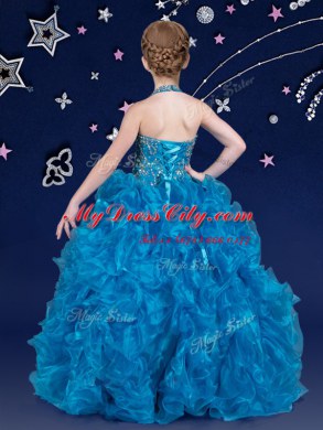 Low Price Organza Halter Top Sleeveless Lace Up Beading and Ruffles Kids Formal Wear in Blue