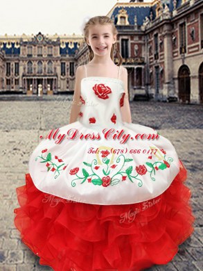 White and Red Organza and Taffeta Lace Up Winning Pageant Gowns Sleeveless Floor Length Beading and Appliques and Ruffles