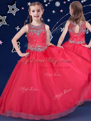 Scoop Red Sleeveless Floor Length Beading Zipper Party Dresses