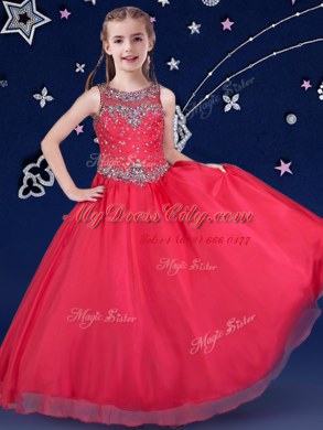 Scoop Red Sleeveless Floor Length Beading Zipper Party Dresses