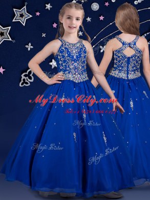 Scoop Sleeveless Zipper Girls Pageant Dresses Royal Blue Organza