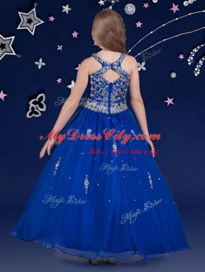 Scoop Sleeveless Zipper Girls Pageant Dresses Royal Blue Organza