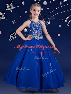 Scoop Sleeveless Zipper Girls Pageant Dresses Royal Blue Organza