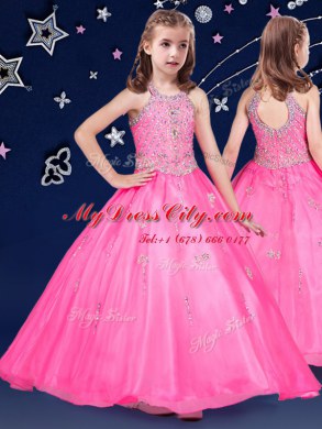 Halter Top Floor Length Hot Pink Little Girls Pageant Dress Organza Sleeveless Beading