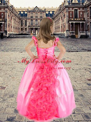 Great Rose Pink Ball Gowns Organza and Taffeta Spaghetti Straps Cap Sleeves Beading and Appliques and Ruffles Floor Length Lace Up Juniors Party Dress