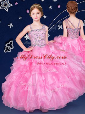 Super Beading and Ruffles Pageant Dress for Teens Rose Pink Zipper Sleeveless Floor Length