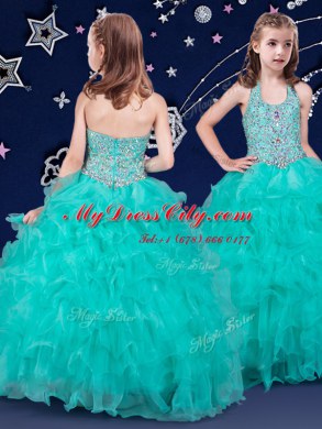 Halter Top Organza Sleeveless Floor Length Party Dresses and Beading and Ruffles