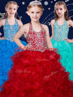 Most Popular Halter Top Wine Red and Baby Blue and Turquoise Sleeveless Floor Length Beading and Ruffles Zipper Pageant Dresses