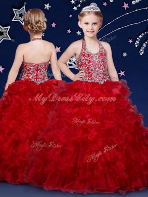 Most Popular Halter Top Wine Red and Baby Blue and Turquoise Sleeveless Floor Length Beading and Ruffles Zipper Pageant Dresses