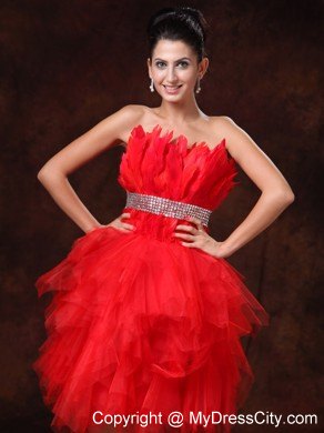 Red A-line Asymmetrical Party Dress with Silver Beaded Waistband