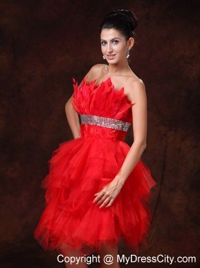 Red A-line Asymmetrical Party Dress with Silver Beaded Waistband