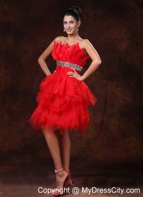 Red A-line Asymmetrical Party Dress with Silver Beaded Waistband