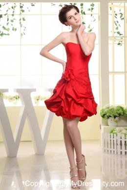 Strapless Red Pick-ups Party Dress with Hand Made Flowers